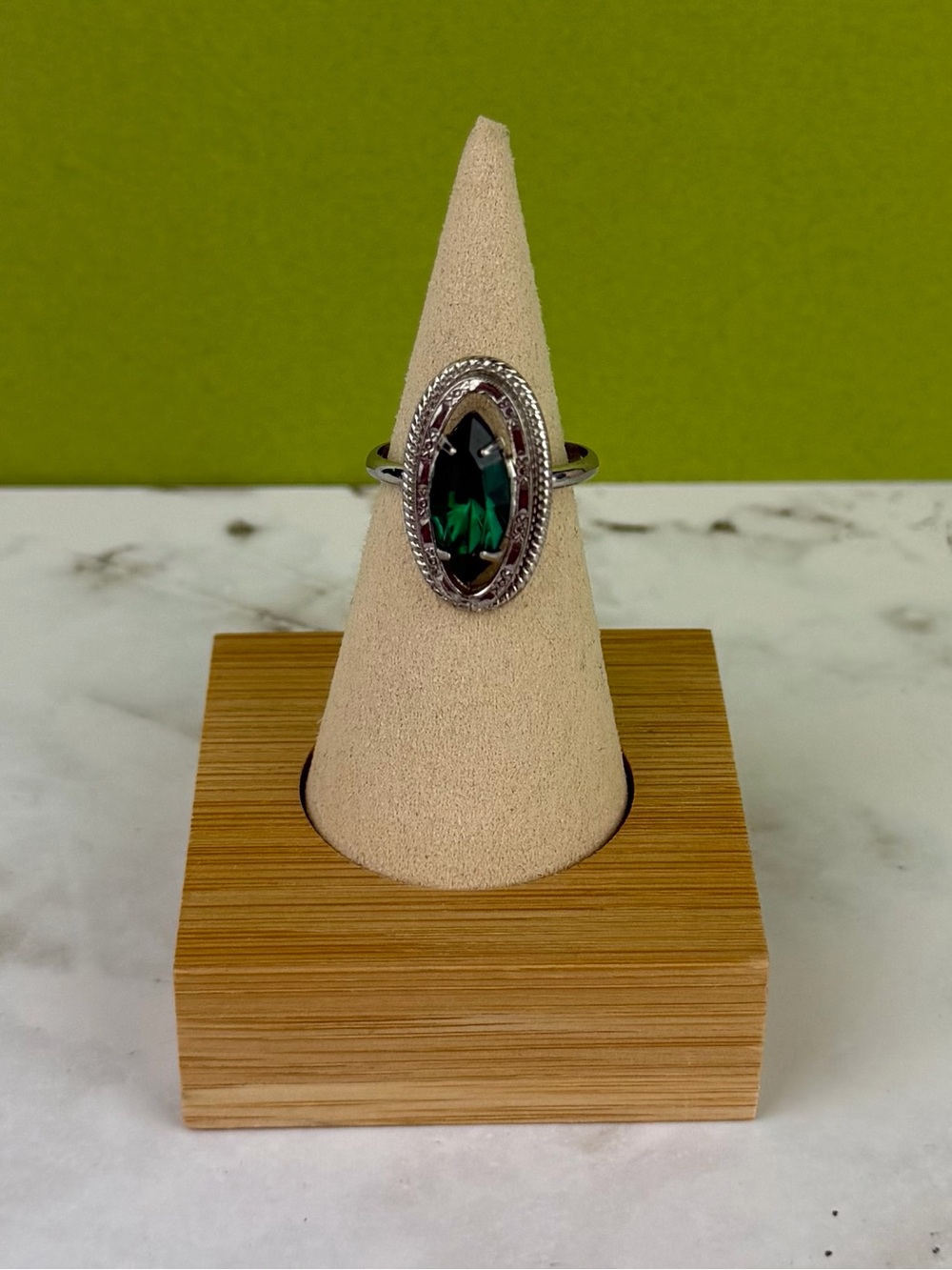 Vintage Emerald Green Marquise Ring Silver Tone Rope Filigree Frame Adjustable
